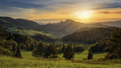 Sunset in the Pieniny National Park, overlooking the High and Belianske Tatras in Slovakia