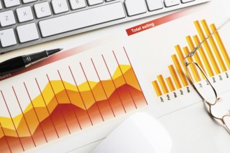 Business workplace with keyboard mouse and papers with graphs and diagrams