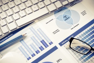 Business workplace with keyboard mouse and papers with graphs and diagrams