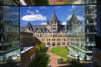 Architecture, former Viger Train Station between modern buildings, Montreal, Province of Quebec,