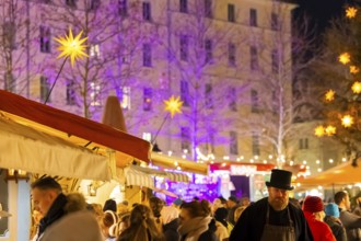 Historic Christmas market on the Neumarkt in front of the Church of Our Lady. Dresden, Saxony,