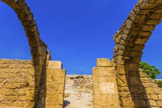Ruins of ancient Caesarea against the background of the blue southern sky. Excursion to the
