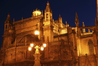 Detail of the gothic and baroque Cathedral of Seville in Spain by night