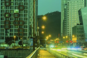 Daejeon, South Korea, January 17, 2019, Night cityscape of traffic at busy intersection with modern