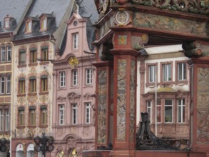 Historic building with ornate half-timbered details and baroque façade in the city, mainz,