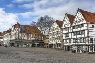 Market square with decorative half-timbered houses in Soest, Germany, Europe