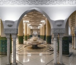 Casablanca, Morocco, 29 March, 2024: marble-carved lotus flower spring fountains in the underground
