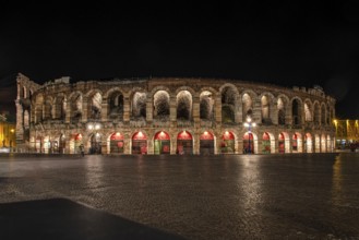 Beautifully illuminated Arena of Verona at Night, Italy, Europe