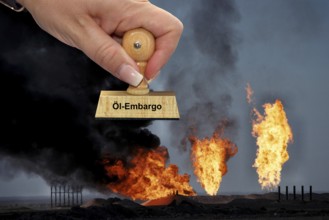 Burning natural gas in Russia, gas is flared, Ukraine, Russia, Iran, war, stamp, wooden stamp,