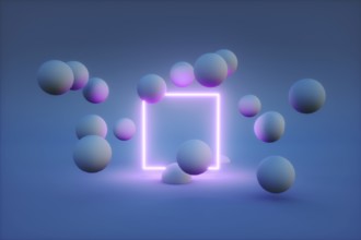 3d render of neon frame with balls around it. modern technology concept. High quality 3d