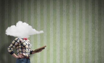 Unrecognizable woman with book and cloud instead of head on stripe background