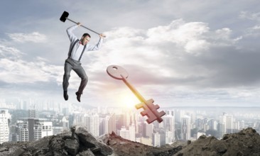 Jumping businessman crashing big key symbol with city view and sunlight on background. 3D rendering