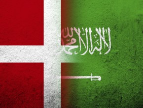 The Kingdom of Denmark National flag with The Kingdom of Saudi Arabia National flag. Grunge