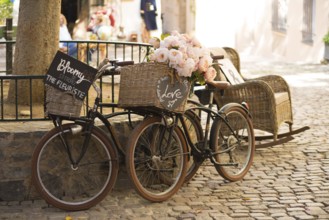 ST TROPEZ, FRANCE, OCTOBER 24, 2017: Vintage bicycles on cobblestones in the center of St. Tropez