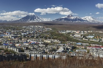 Panoramic view of the city Petropavlovsk-Kamchatsky and volcanoes: Koryaksky Volcano, Avacha
