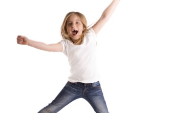 Blond kid girl indented jumping high wind on hair denim jeans at white background