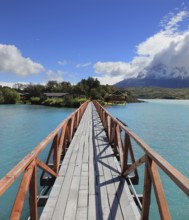 National Park Chile - Torres del Paine. Easy Bridge at Lake Pehoe connects the island and the shore