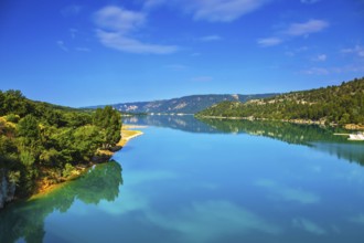 Verdon Canyon - the most spectacular in the French Alps. Spring Provence. Azure water reflects the
