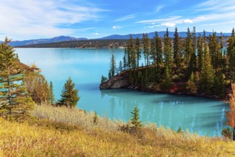 Lake with picturesque blue water, arose due to the blocking of the North Saskatchewan River. This