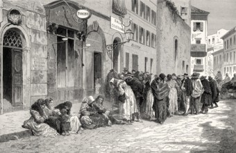 Distribution of food to the poor, San Lorenzo, Lucina square, Rome, Italy, 19th century, Europe