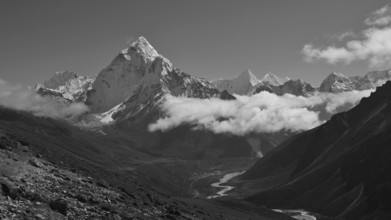 Landscape in the Everest National Park, Nepal. Mount Ama Dablam and clouds