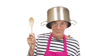 Senior houseman with pink apron and cooking pot isolated over white background