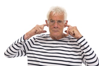 Senior man with too much noise isolated over white background