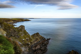 Scenic view of cliffs in Old Head of Kinsale peninsula in Ireland with green hills at sunset