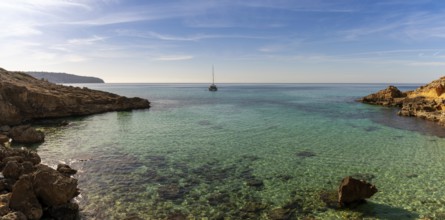 Panorama landscape view of an idyllic cove at Es Cap Enderrocat in southern Mallorca with a