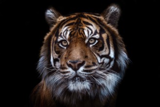 Front view of Sumatran tiger isolated on black background. Portrait of Sumatran tiger (Panthera