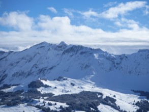 Beautiful panorama from the summit of Haengst close to Soerenberg, Switzerland. View over the karst