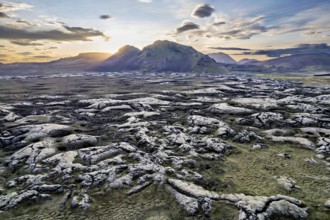 Aerial view of the landscape in the highlands of Iceland, taken near the highland valley