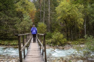 Crossing a wooden footbridge in the forest, somewhere in the Bistrice valley in the Triglav