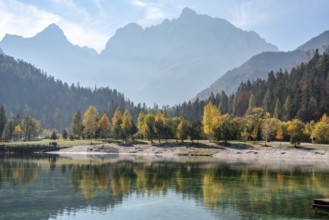 Scenic autumn forest at Crystal Lake in the Julian Alps, Slovenia, Europe