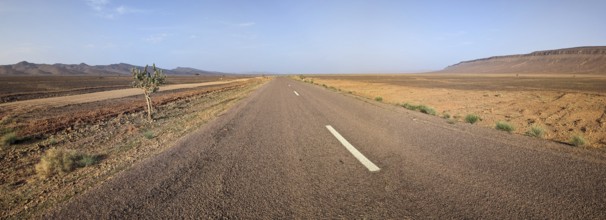 Panorama of an empty long, straight road in south Morocco, surrounded by an arid landscape
