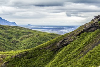 View into the valley of Thorsmoerk, Fimmvorduhals hiking trail in Iceland