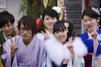Young people celebrating the coming of age day in Japan, Kyoto, Japan, Asia