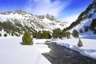 Benasque Llanos del Hospital cross country ski area in Pyrenees of Huesca Spain