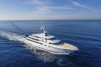 Aerial view 74 metre motor yacht AURORA, delivered in 2017 by the German shipyard Lürssen Yachts,