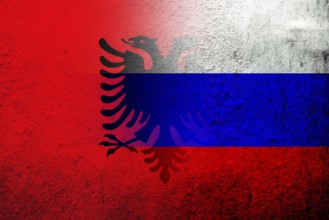 National flag of Russian Federation with Republic of Albania National flag. Grunge background
