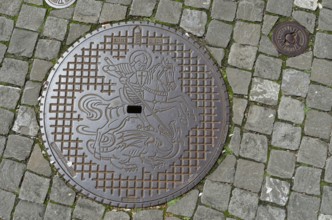 Manhole cover with coat of arms of the municipality of Stein am Rhein, dragon slayer, Canton