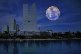 A modern building in front of a bluish full moon is reflected in the river at night, pharmaceutical