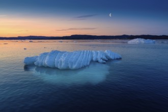 Floating glaciers in the rays of the setting sun at polar night with Moon
