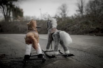 Two toy horses lie abandoned on the roadside