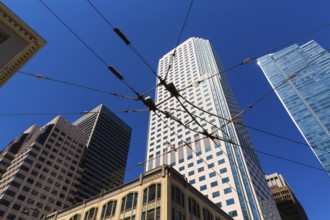 San Francisco downtown with Tram cables in blue sky at California USA