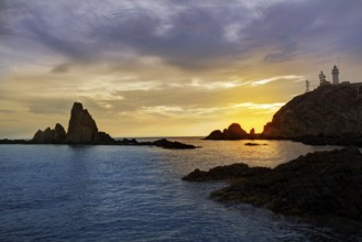 Almeria Cabo de Gata lighthouse sunset in Mediterranean sea of Spain