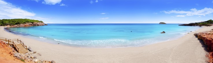 Cala Nova beach in Ibiza island panoramic with turquoise water in Balearic Mediterranean