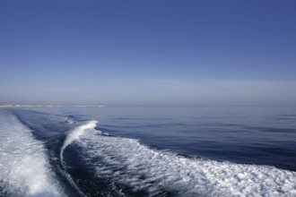 Blue sea ocean with boat wake, prop wash foam