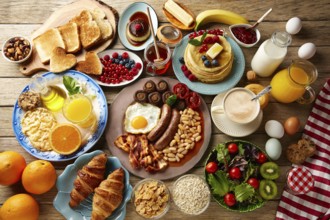 Breakfast buffet full continental and english coffee orange juice salad croissant fruit