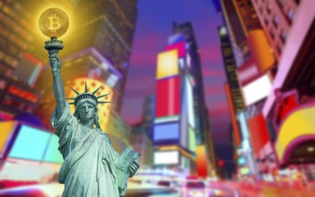 New york skyline with liberty holding bitcoin concept photomount